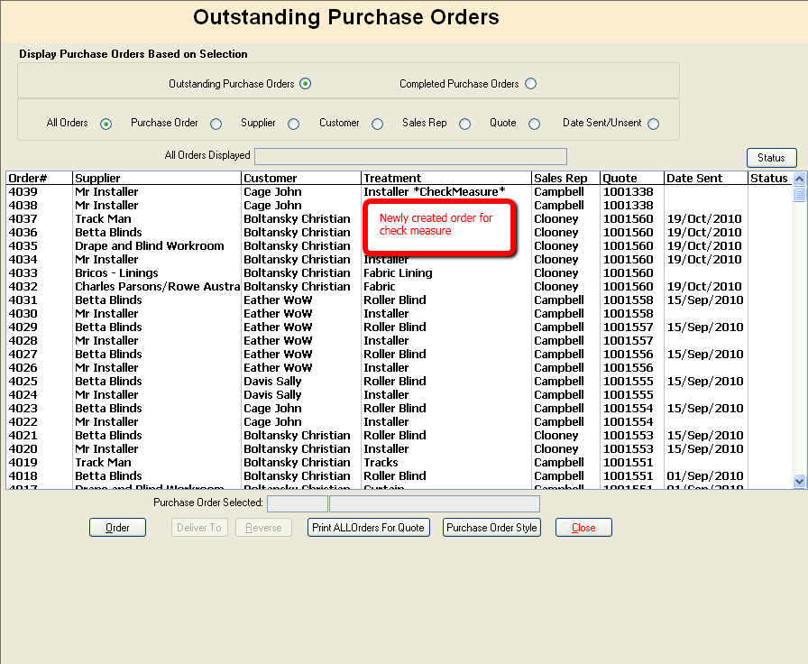 Newly created check measure order in Drape and Blind Software